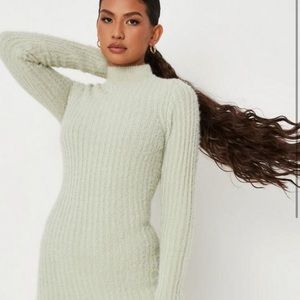 Missguided x Carli bybel sage fluffy knot high neck long sleeve mini dress
